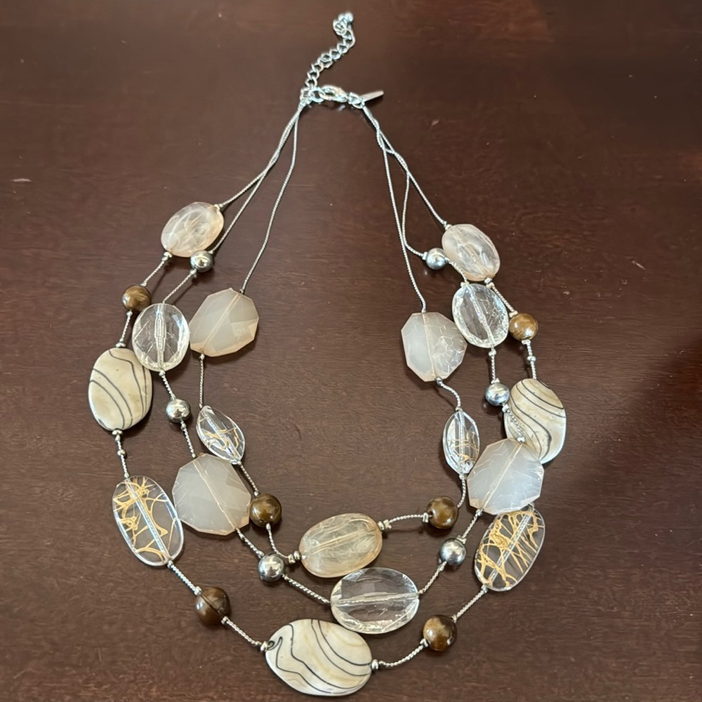 Neutral stone three strand necklace